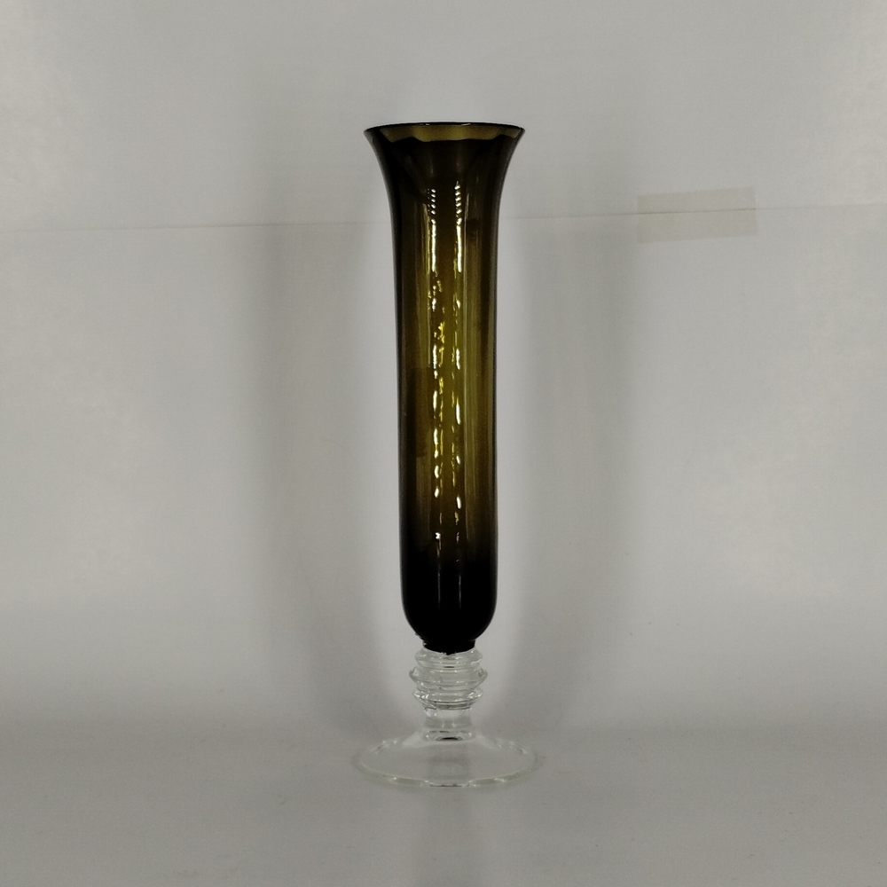 Art Glass Flute Footed Olive Green Bud Vase Mid Century Feel 8" Tall Vintage